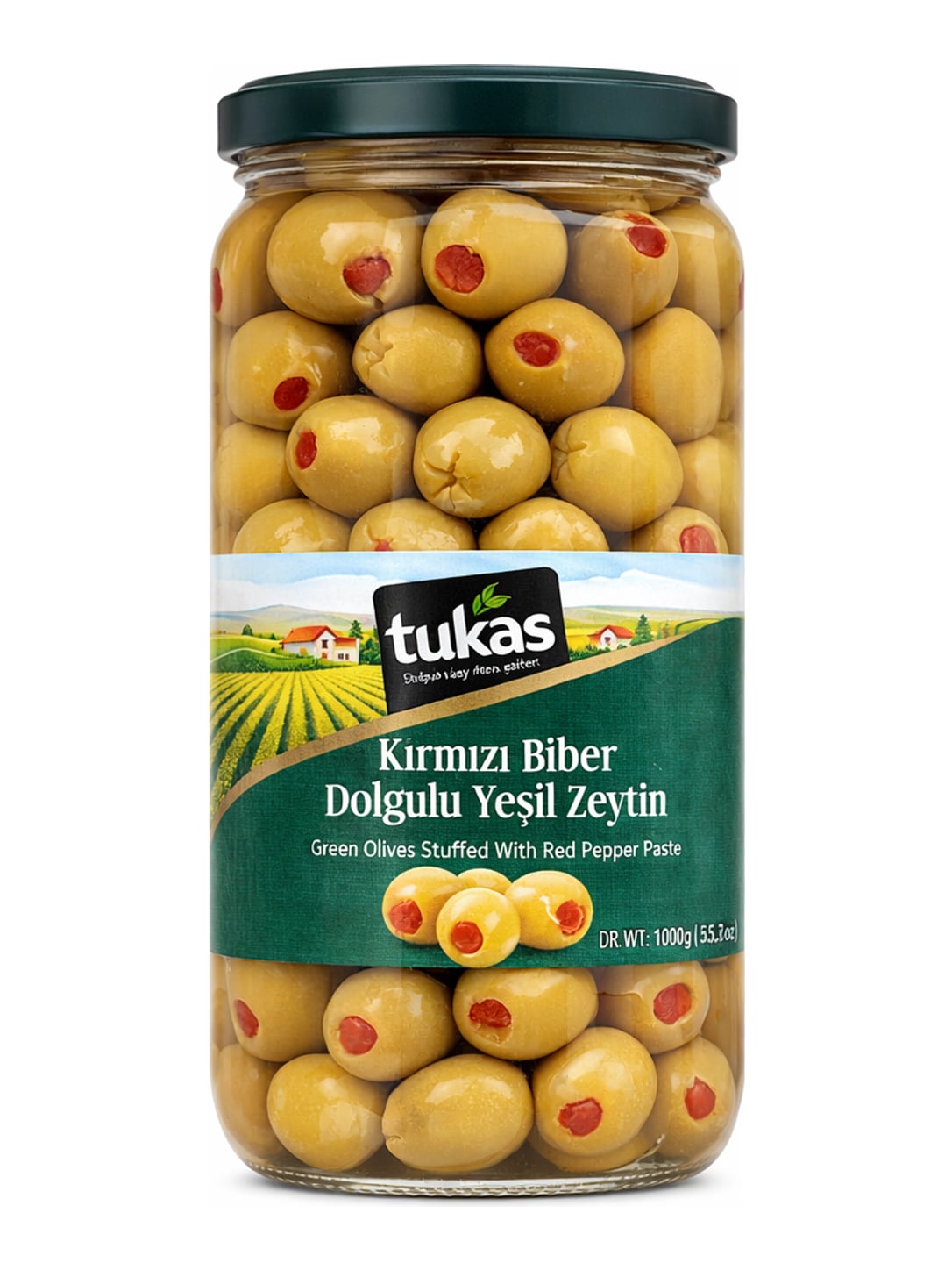 Tukaş Grüne Oliven gefüllt mit Roter Paprika 1000g – Kırmızı Biber Dolgulu Yeşil Zeytin
