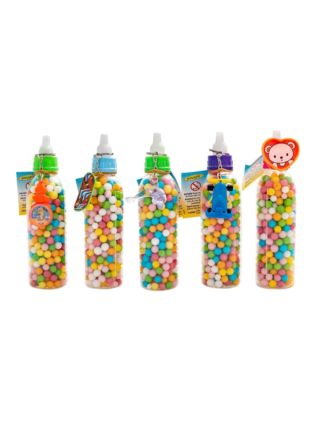 Woogie Babyfläschchen mit Zuckerperlen und Spielzeug 100g – bunte Zucker-Dragees für Kinder