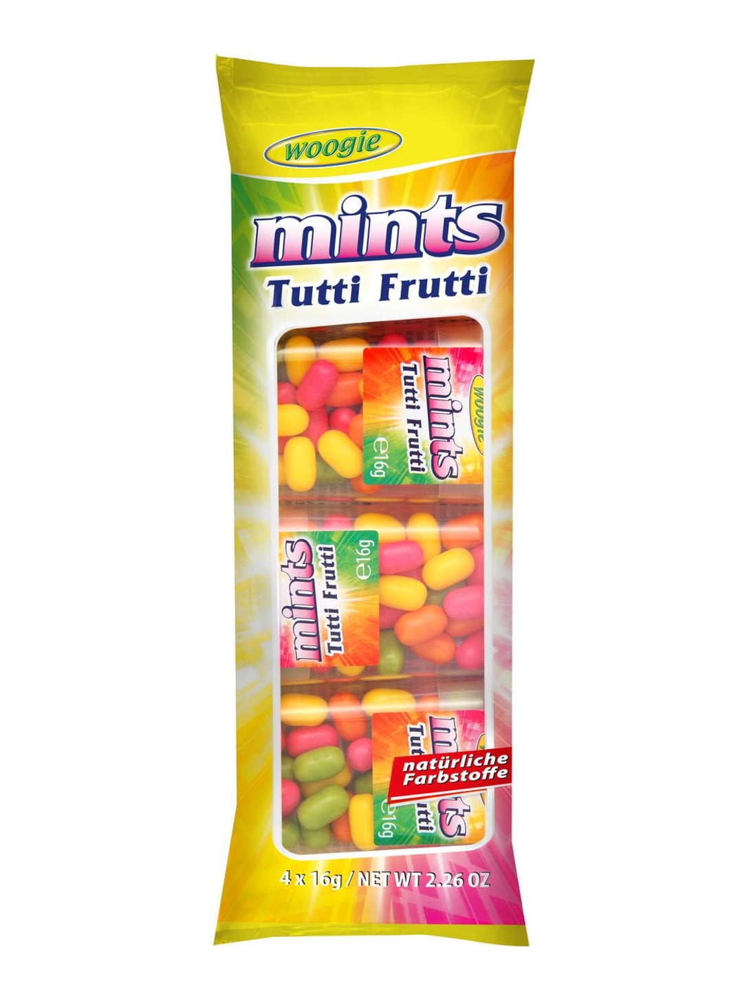 Woogie Tutti Frutti 4x16g – Fruchtdragees Zuckerdragees mit Fruchtgeschmack