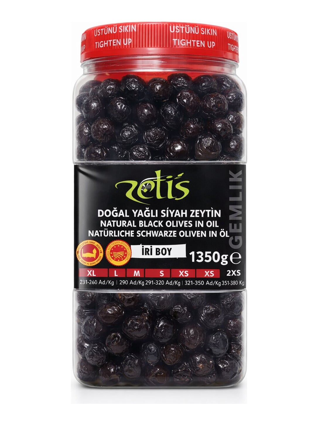 Zetis Schwarze Oliven Gemlik İri Boy 1350g – Doğal Yağlı Siyah Zeytin türkische Tafeloliven