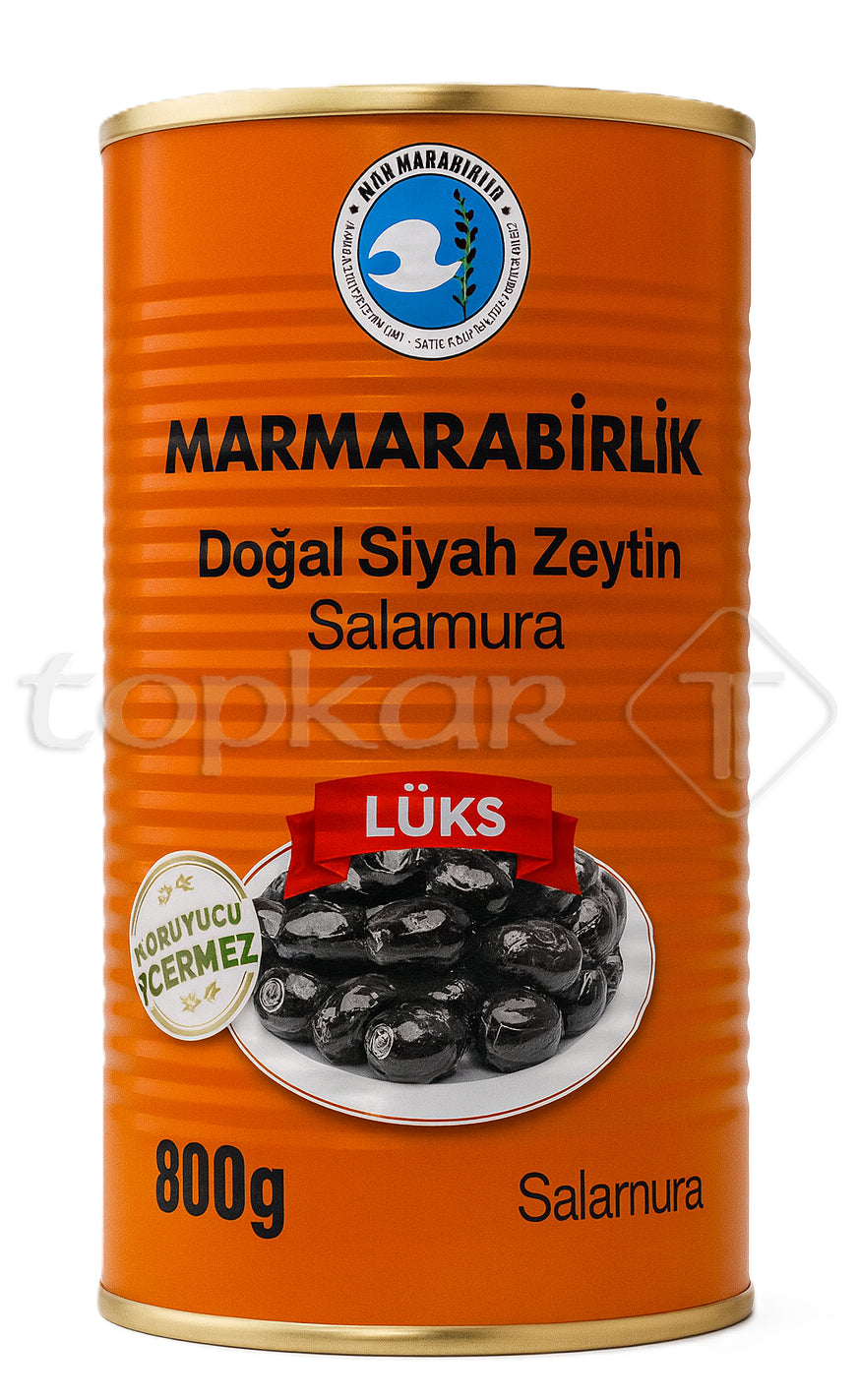 Marmarabirlik Oliven Lüks mit schwarzen Oliven in Salzlake, für hochwertige mediterrane Küche.