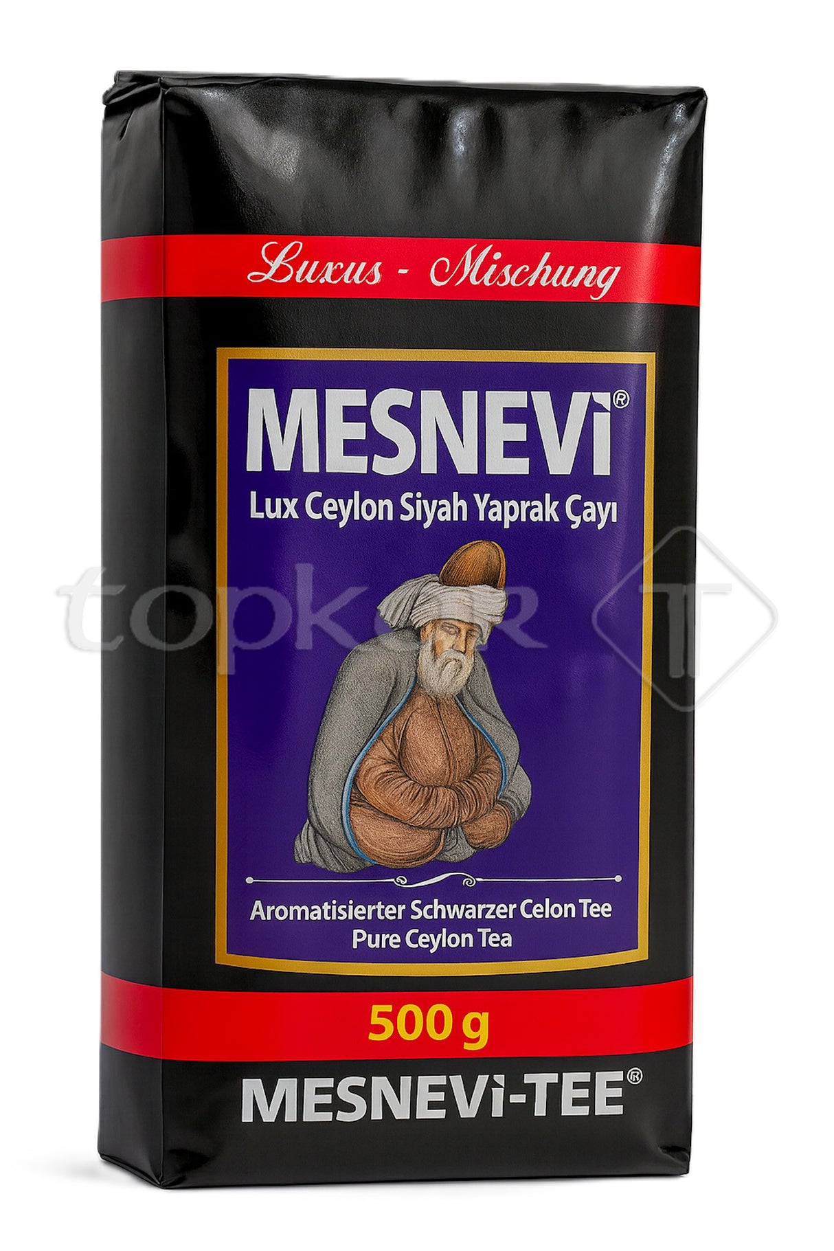 Schwarzer Luxus-Ceylon-Tee in 500g Packung mit traditionellem Mesnevi Tee Design und aromatischem Geschmack.