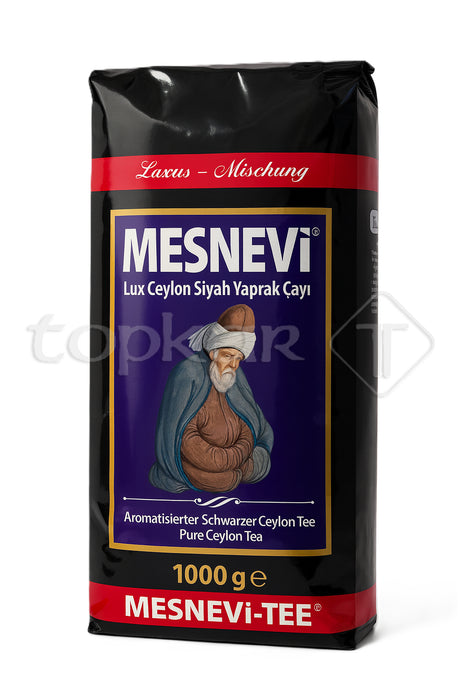 Schwarzer Ceylon Tee Mesnevi Tee 1000 g mit traditionellem Design und aromatischem Geschmack in stilvoller Verpackung.