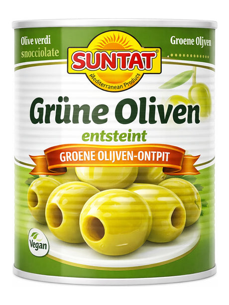 SUNTAT Grüne Oliven Entsteint 800g – Yeşil Zeytin Çekirdeksiz türkische grüne Oliven in Lake