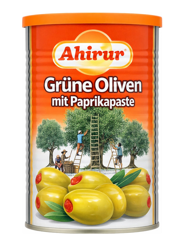 Ahinur Grüne Oliven mit Paprikapaste 800g – Biberli Yeşil Zeytin eingelegte grüne Oliven
