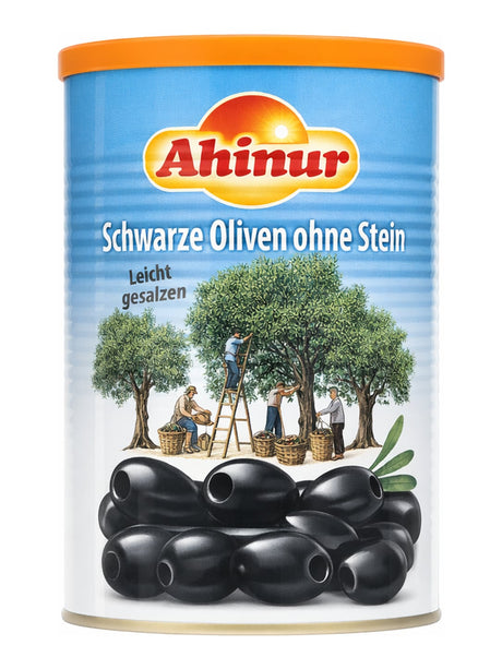 Ahinur Schwarze Oliven ohne Stein 800g – Çekirdeksiz Siyah Zeytin leicht gesalzen