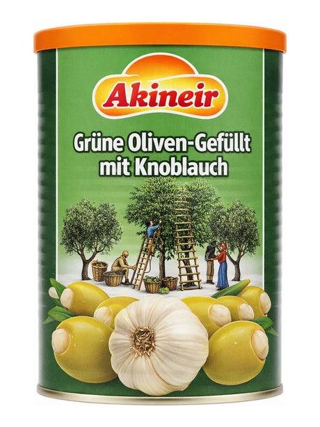 Ahinur Grüne Oliven Gefüllt mit Knoblauch 800g – Sarımsaklı Yeşil Zeytin im Glas
