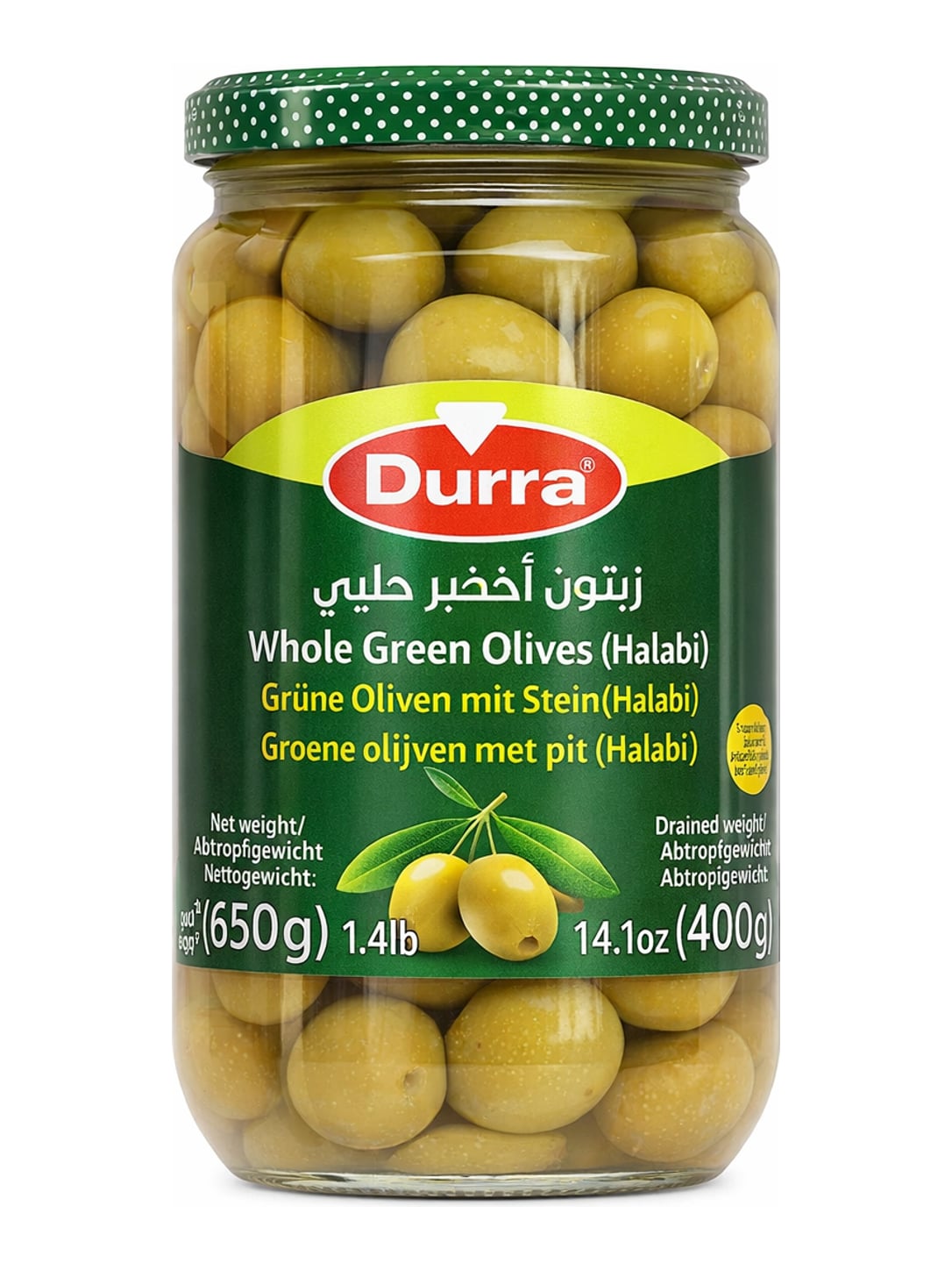 Durra Grüne Oliven mit Stein Halabi 650g – Whole Green Olives eingelegte syrische Halabi-Oliven