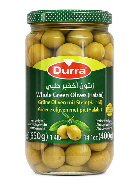 Durra Grüne Oliven mit Stein Halabi 650g – Whole Green Olives eingelegte syrische Halabi-Oliven