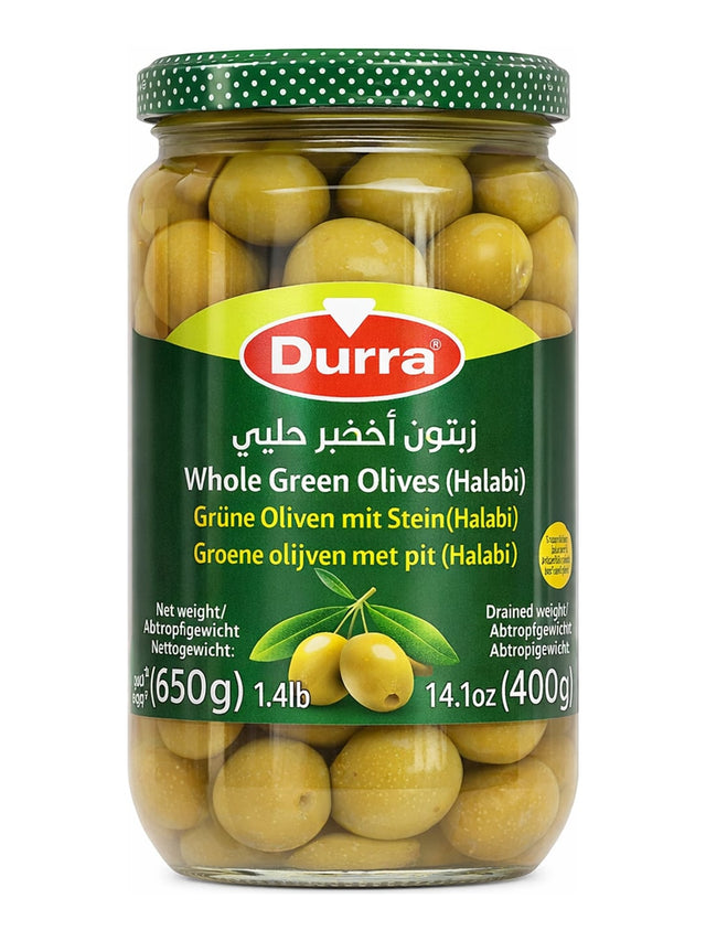 Durra Grüne Oliven mit Stein Halabi 650g – Whole Green Olives eingelegte syrische Halabi-Oliven