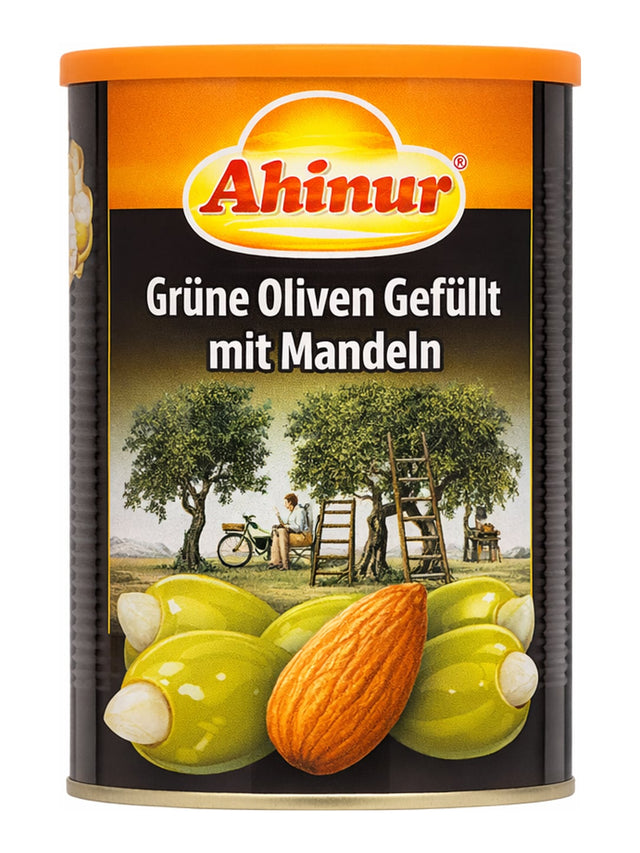 Ahinur Grüne Oliven gefüllt mit Mandeln 800g – Yeşil Zeytin Bademli eingelegte Oliven