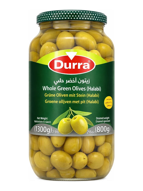 Durra Grüne Oliven mit Stein Halabi 1300g – Whole Green Olives Halabi syrische Oliven in Salzlake
