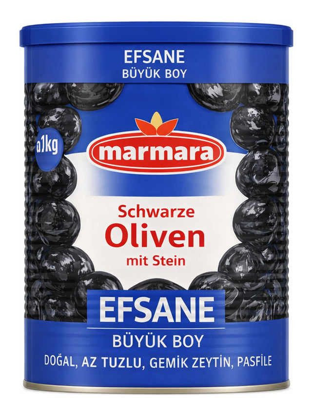 Marmara Efsane Schwarze Oliven mit Stein 800g – Çekirdekli Siyah Zeytin Büyük Boy Gemlik