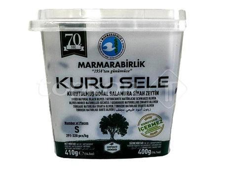 MARMARABIRLIK Sele Oliven in praktischer Verpackung, getrocknet und natürlich eingelegt, schwarze Oliven in Salzlake.