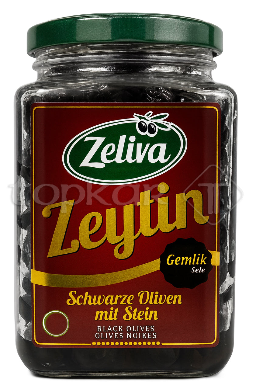 Glas mit Zelivia Sele Oliven, schwarze Oliven mit Stein, aromatisch und frisch, vakuumversiegelt für längere Haltbarkeit