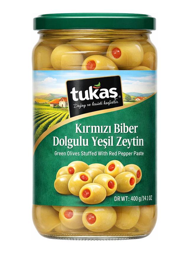Tukaş Grüne Oliven gefüllt mit roter Paprikapaste 700g – Kırmızı Biber Dolgulu Yeşil Zeytin 5XL