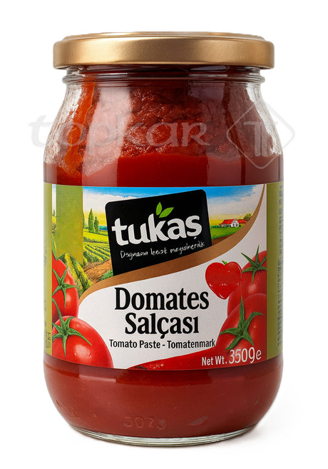 Glas mit Tukas Tomatenmark, reichhaltige rote Tomatenpaste in 350g Verpackung für vielseitigen Einsatz in der Küche