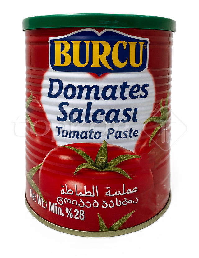 Dose mit Burcu Tomatenmark, roter Deckel, zeigt frische Tomaten auf dem Etikett, 28% Tomatenanteil