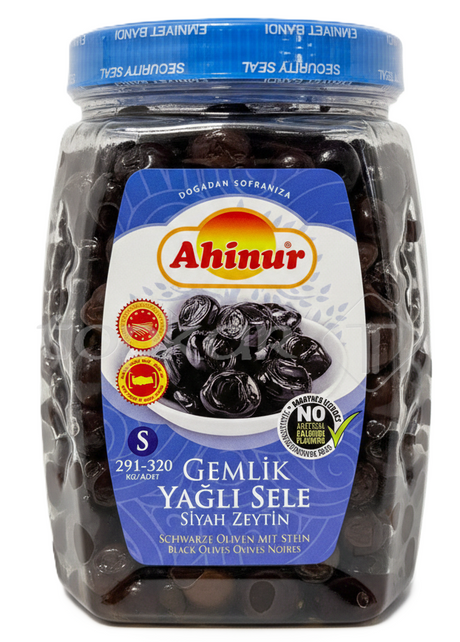 Ahinur Gemlik Oliven S im Glas mit schwarzen Oliven in Öl, aromatisch und ideal für mediterrane Küche