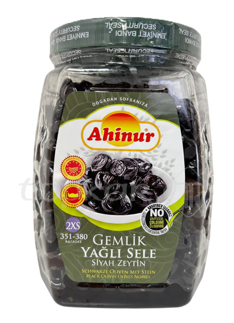Ahinur Gemlik Oliven 2XS – Schwarze Oliven in Öl im Glas, knackig und aromatisch für vielseitigen Genuss