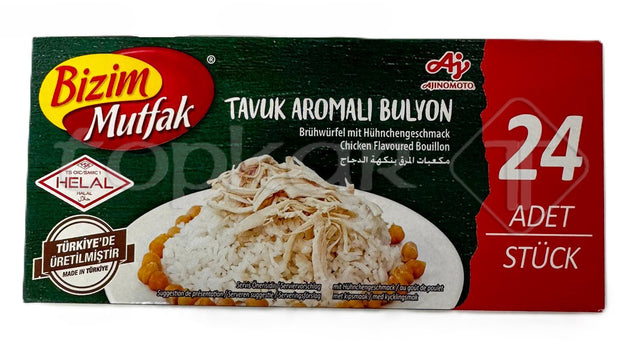 Bizim Hühnergeschmack-Brühwürfel Packung mit 24 Würfeln neben Teller mit Reis und Hähnchenfleisch serviert