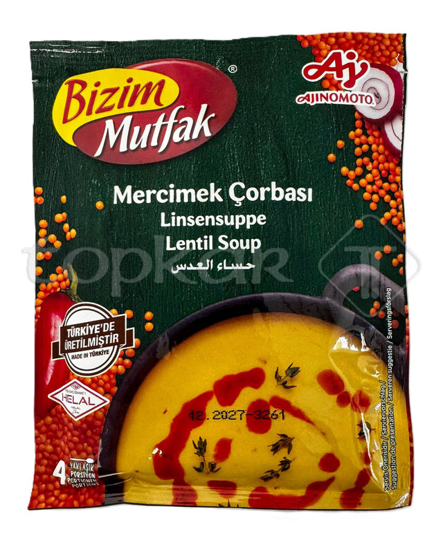 Verpackung der Bizim Linsensuppe mit roter Linsensuppe und Kräutern auf schwarzem Hintergrund