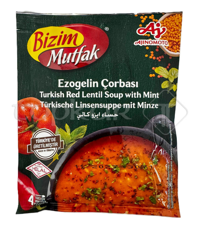 Bizim Linsensuppe mit Minze Packung mit türkischer roter Linsensuppe und Minzkräutern auf grünem Hintergrund