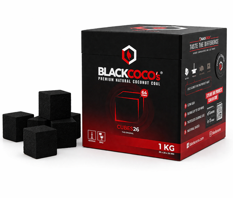 BLACKCOCO's CUBES26 1kg – Premium Naturkohle aus Kokosnussschale 64 Würfel