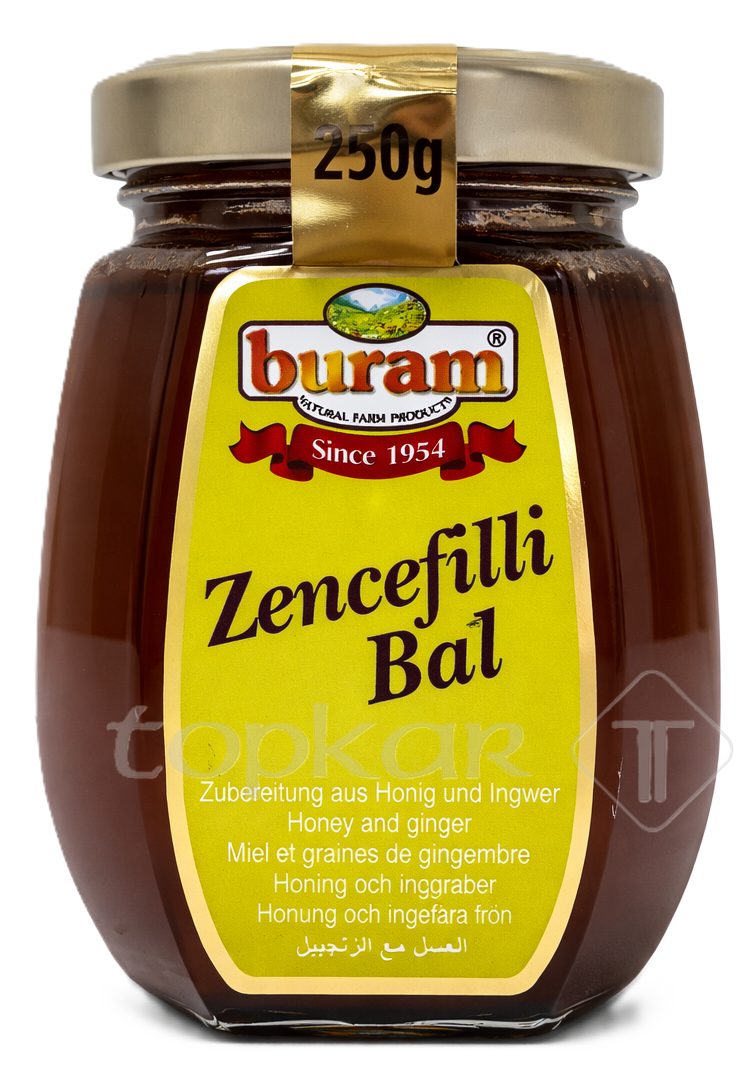 Buram Honig mit Ingwer im 250g Glas, naturbelassener Honig verfeinert mit würzigem Ingwer für besonderen Geschmack