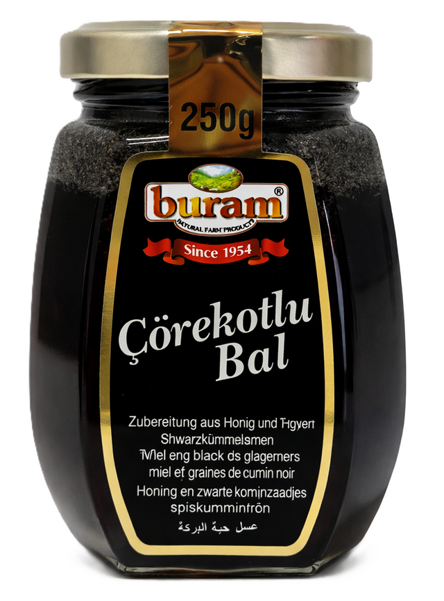 Buram Honig Schwarzkümmel im 250g Glas mit natürlichem Honig und Schwarzkümmelsamen verfeinert