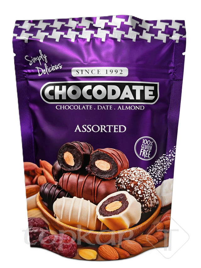 Chocodate Assorted mit Datteln, Mandeln und Schokolade in verschiedenen Sorten und glutenfrei verpackt