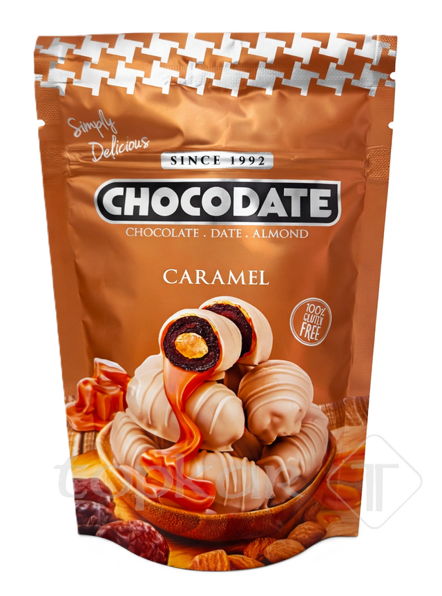Chocodate Caramel Verpackung mit Datteln, Mandeln und Karamellfüllung als süßer Snack in braunem Beutel