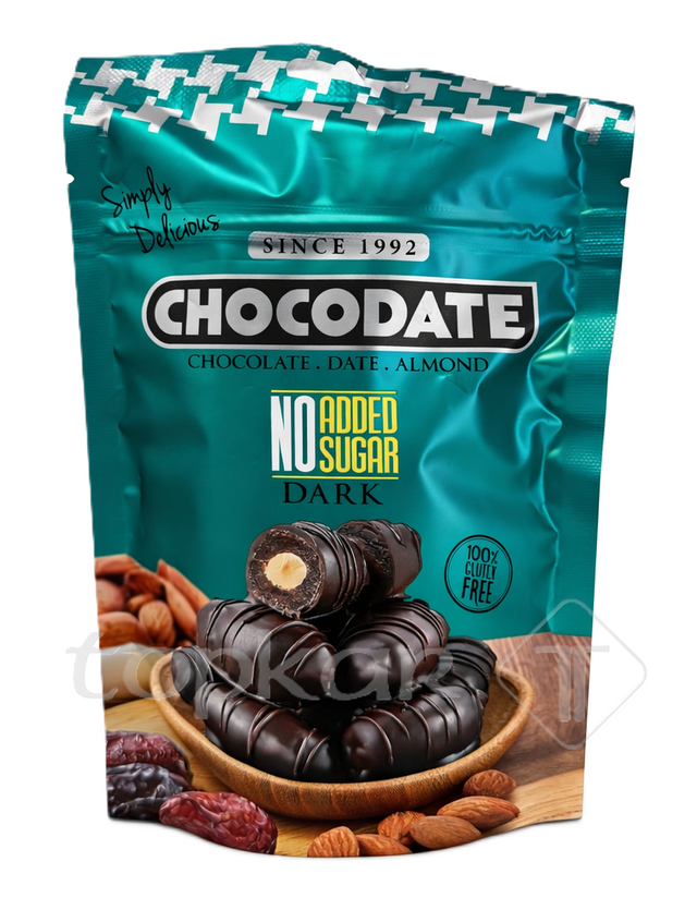 Chocodate Dark No Sugar Packung mit zartbitteren Schoko-Datteln gefüllt mit Mandeln, glutenfrei und zuckerfrei