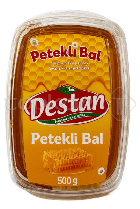 Destan Sirup mit Wabenhonig in 500 g Verpackung mit Honigwabe auf orangefarbenem Etikett