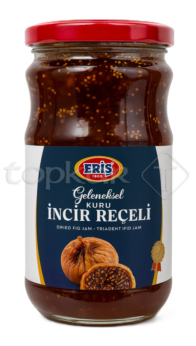 Eris Feigenkonfitüre im Glas mit rotem Deckel und getrockneten Feigen auf dunkelblauem Etikett