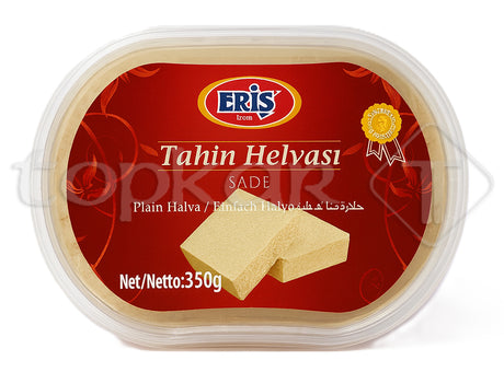 Eris Halva in 350g Kunststoffverpackung mit rotem Etikett und Abbildung von hellem Halva-Stück