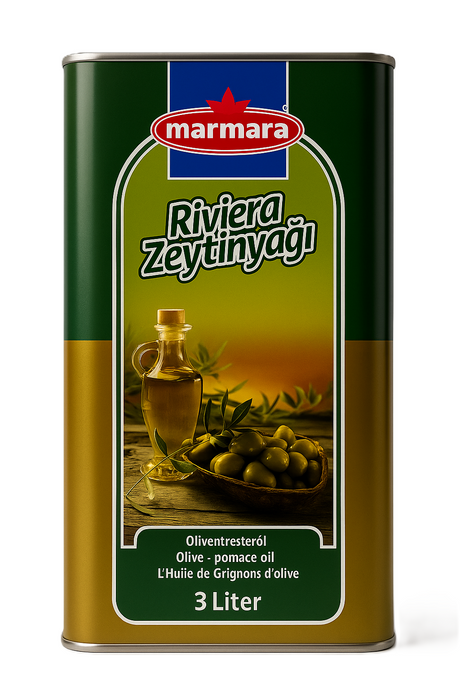 Marmara Oliventresteröl 3 Liter Metallkanister mit Bild von Olivenölflasche und Olivenkorb auf Etikett