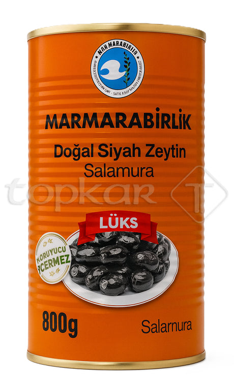 Marmarabirlik Oliven Lüks mit schwarzen Oliven in Salzlake, für hochwertige mediterrane Küche.