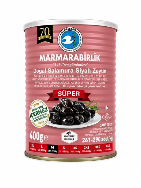 Marmarabirlik Schwarze Oliven Süper 400g – Doğal Salamura Siyah Zeytin M