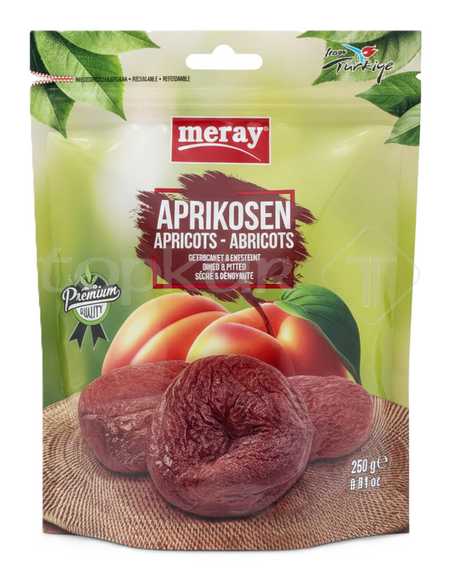 250g Packung Meray Pflaumen, getrocknet und entsteint, mit Abbildung von saftigen Pflaumen auf rustikalem Hintergrund.