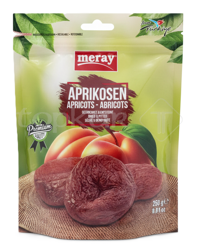 250g Packung Meray Pflaumen, getrocknet und entsteint, mit Abbildung von saftigen Pflaumen auf rustikalem Hintergrund.