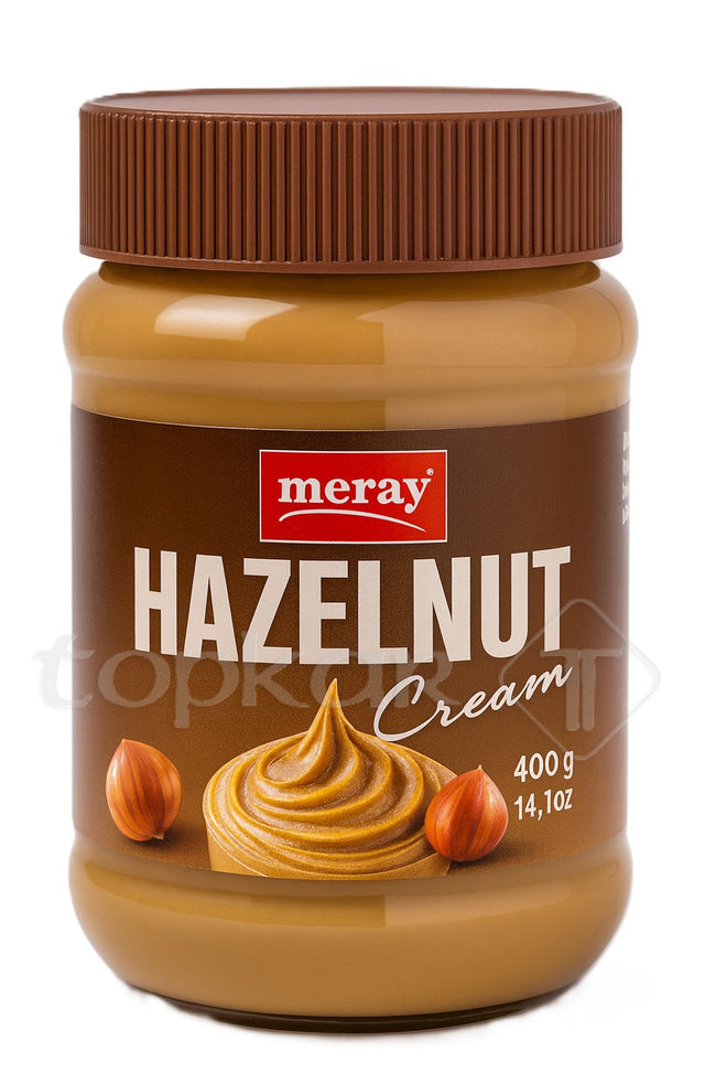 Meray Haselnusscreme 400g Glas mit cremiger Haselnussfüllung und zwei Haselnüssen auf braunem Etikett
