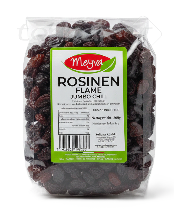 Packung Meyva Rosinen Flame Jumbo (200g) aus Chile, dunkle große Weinbeeren.