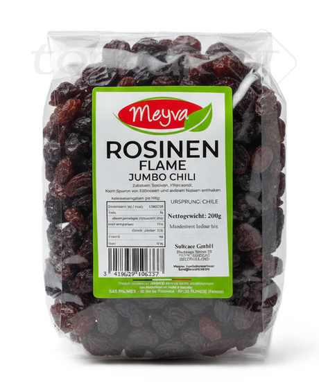 Packung Meyva Rosinen Flame Jumbo (200g) aus Chile, dunkle große Weinbeeren.