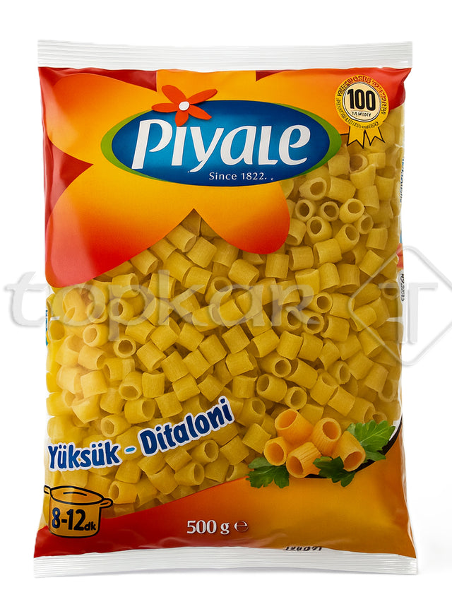 Piyale Nudeln Ditaloni 500 g Packung mit kleinen röhrenförmigen Teigwaren auf weißem Hintergrund