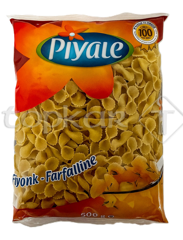 Piyale Nudeln Farfalline 500g Packung mit ungekochten kleinen Schmetterlingsnudeln in transparenter Verpackung