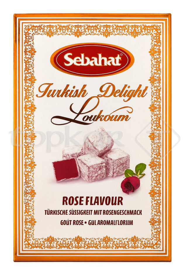 Sebahat Lokum mit Rosenaroma Packung mit türkischer Süßigkeit und abgebildeten rosa Lokumstücken neben Rosenknospe