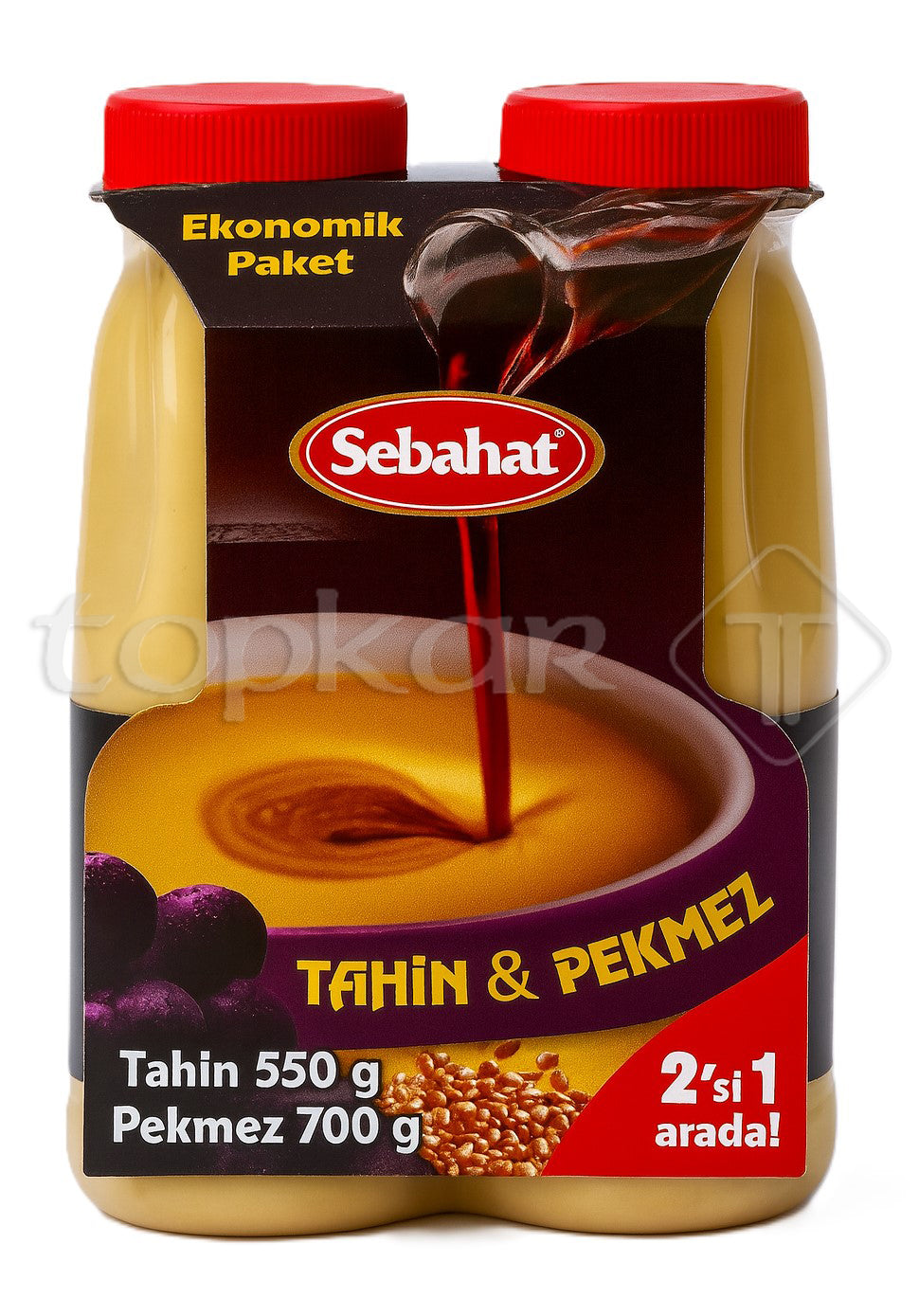 Sebahat Traubensirup & Sesampaste im Doppelpack mit roten Deckeln und Produktabbildung auf Verpackung