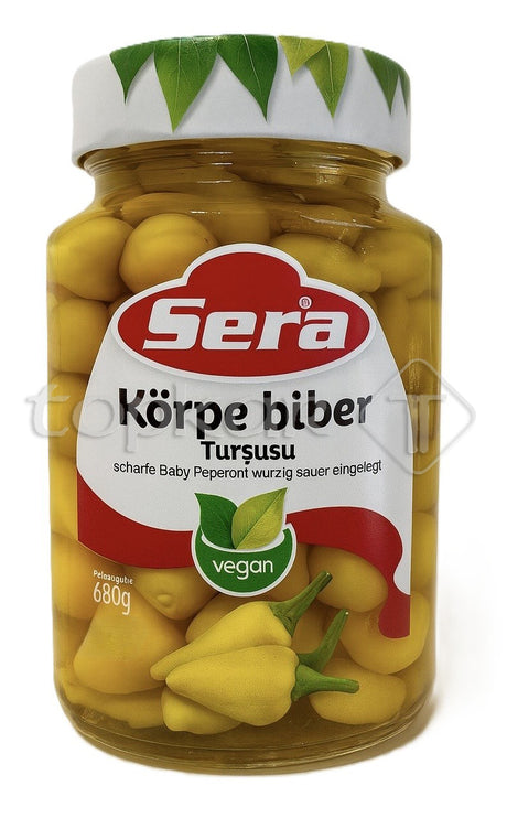 Sera Baby Pepporoni scharfe eingelegte gelbe Peperoni im Glas vegan und würzig sauer