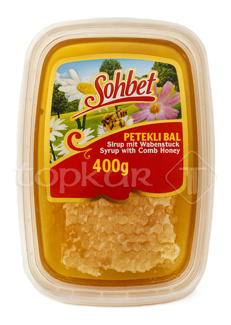 Sohbet Sirup mit Wabenhonig 400g Verpackung mit Honigwabe und floralem Etikett in Klarsichtdose